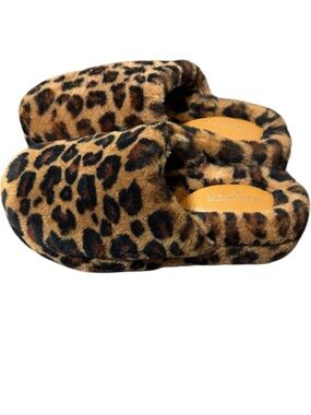 J Slides Leopard-Print Faux Fur Slip-On Slippers in Brown and Black Womens Sz 9